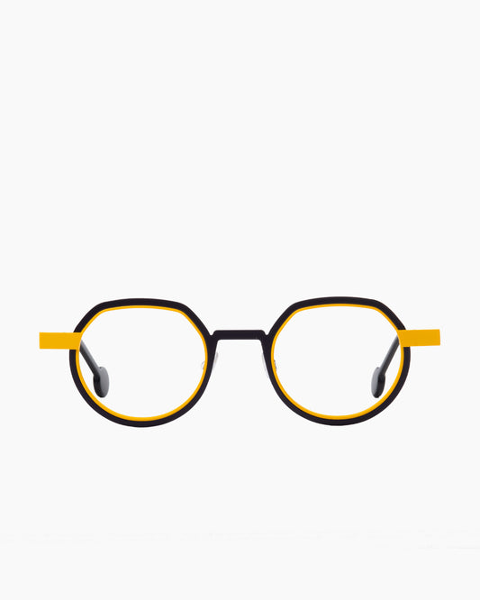 yellow metal round eyeglasses by Anne et Valentin model wellwell, front view, lunettes de vue rond couleur jaune