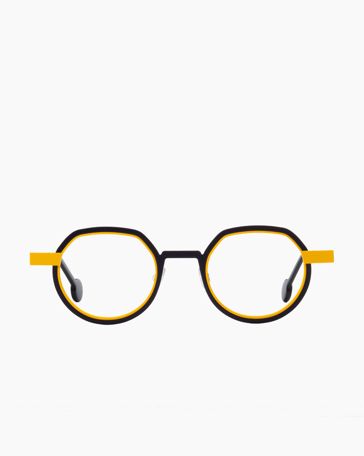 yellow metal round eyeglasses by Anne et Valentin model wellwell, front view, lunettes de vue rond couleur jaune