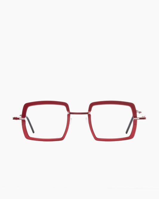 red metal rectangle eyeglasses by Theo model super, front view, lunettes de vue rectangle couleur rouge